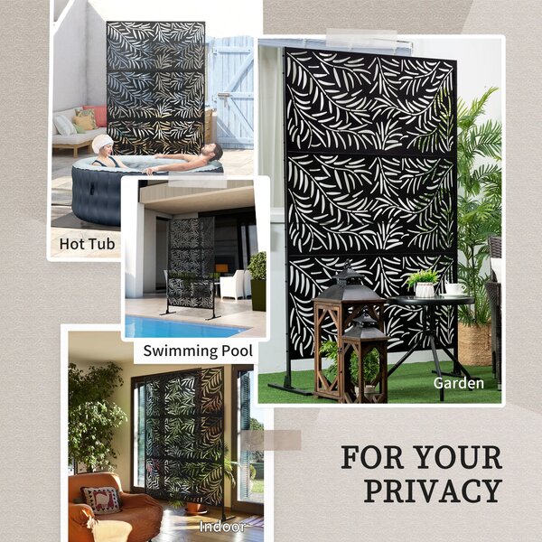 Outsunny Outdoor Privacy Screen w/ Stand & Ground Stakes, 6.5FT Metal Outdoor Divider, Decorative Privacy Panel for Garden Branch Style Aosom UK