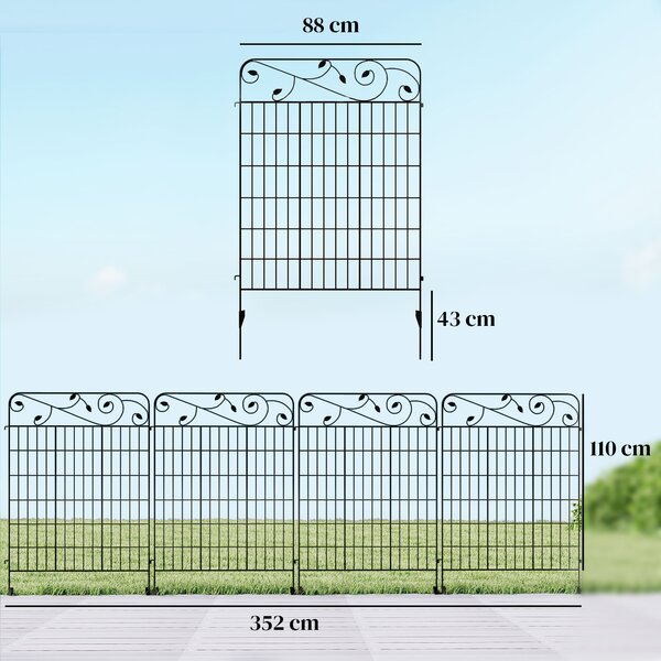 Outsunny 4PCs 43in x 11.5ft Decorative Fence Panels, Outdoor Garden Fencing, Rustproof Metal Wire Landscape Edging Animal Barrier, Black Aosom UK