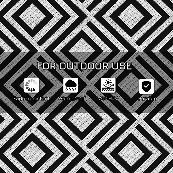Outsunny Reversible Outdoor Mat, Plastic Straw Rug with Carry Bag & Ground Stakes, Black and White Rhombus, 182x274cm Aosom UK