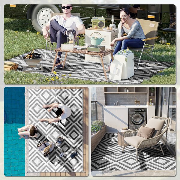 Outsunny Reversible Outdoor Mat, Plastic Straw Rug with Carry Bag & Ground Stakes, Black and White Rhombus, 182x274cm Aosom UK