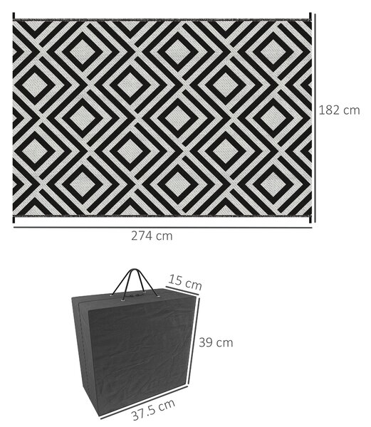 Outsunny Reversible Outdoor Mat, Plastic Straw Rug with Carry Bag & Ground Stakes, Black and White Rhombus, 182x274cm Aosom UK