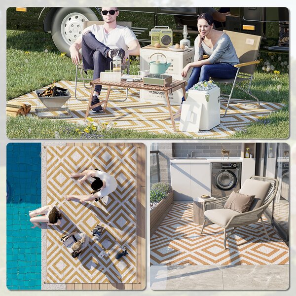Outsunny Reversible Outdoor Rug, Waterproof Plastic Straw Mat with Carry Bag and Ground Stakes for Deck, RV, or Beach, Brown & White Aosom UK