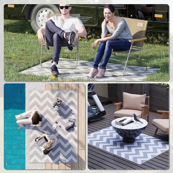 Outsunny Reversible Outdoor Rug, 1.2 x 1.8m Patio Carpet, Waterproof Plastic Rug for Garden, Deck, Picnic, Beach, Camping, Grey and White