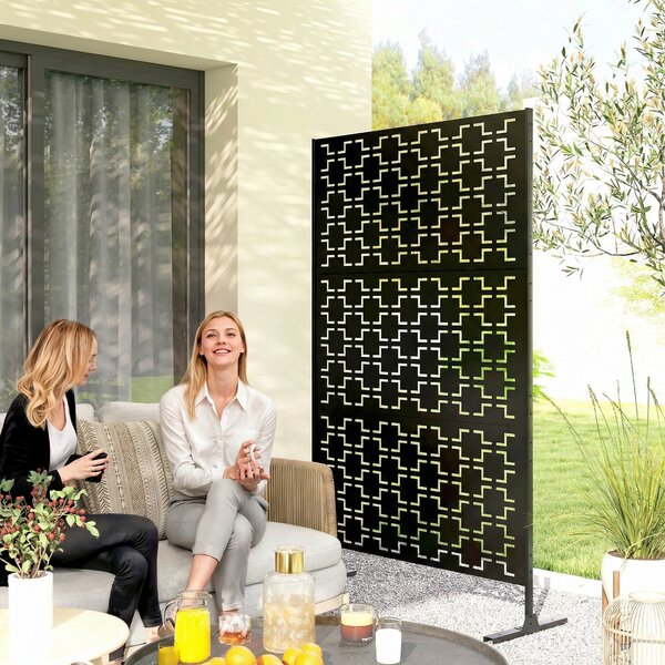 Outsunny Metal Decorative Privacy Screen Outdoor Divider, Black Grid Aosom UK