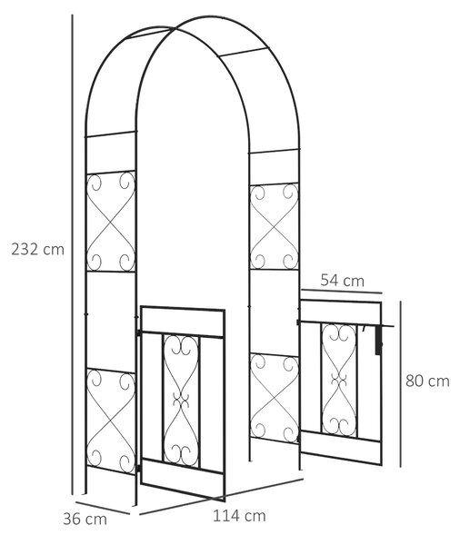 Outsunny Outdoor Garden Arch with Double Gates, Metal Garden Arbor for Climbing Plants, Roses, Vines, 114L x 36W x 232Hcm, Black