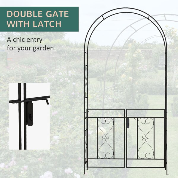 Outsunny Outdoor Garden Arch with Double Gates, Metal Garden Arbor for Climbing Plants, Roses, Vines, 114L x 36W x 232Hcm, Black