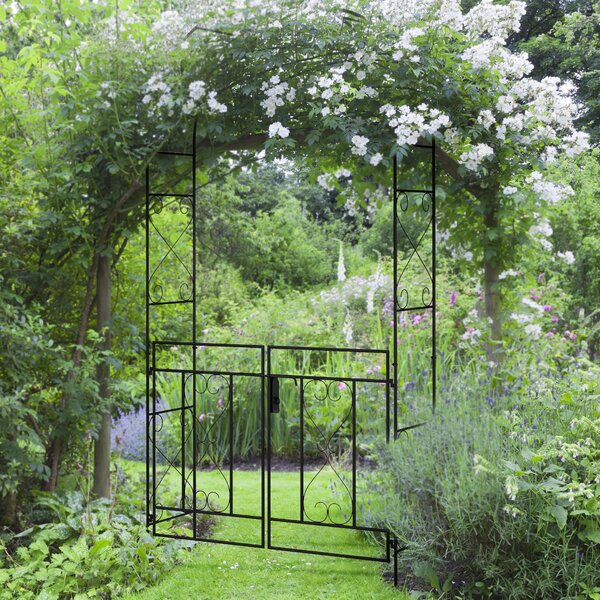 Outsunny Outdoor Garden Arch with Double Gates, Metal Garden Arbor for Climbing Plants, Roses, Vines, 114L x 36W x 232Hcm, Black