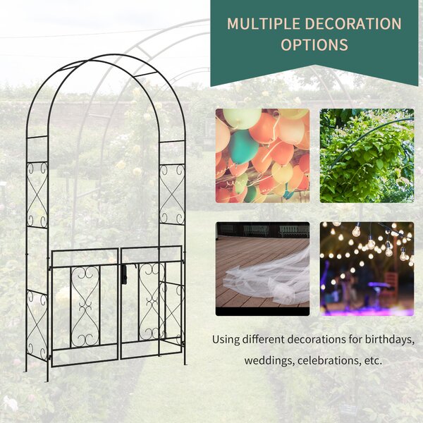 Outsunny Outdoor Garden Arch with Double Gates, Metal Garden Arbor for Climbing Plants, Roses, Vines, 114L x 36W x 232Hcm, Black