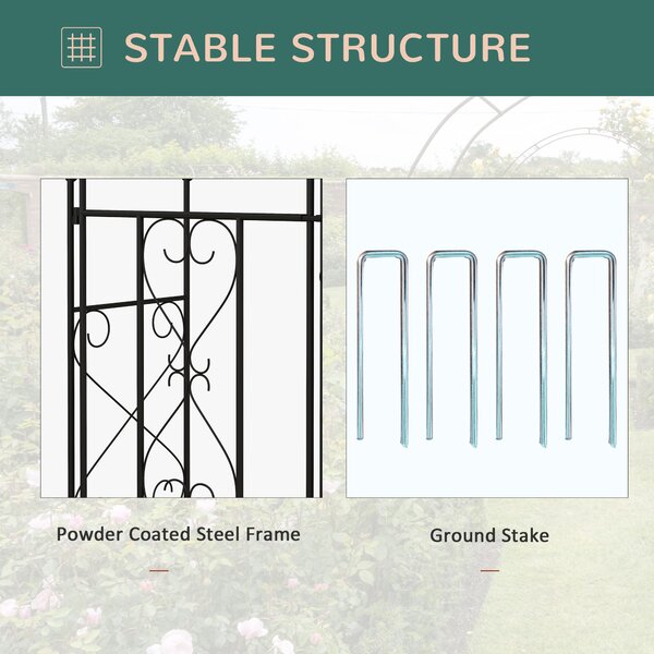 Outsunny Outdoor Garden Arch with Double Gates, Metal Garden Arbor for Climbing Plants, Roses, Vines, 114L x 36W x 232Hcm, Black