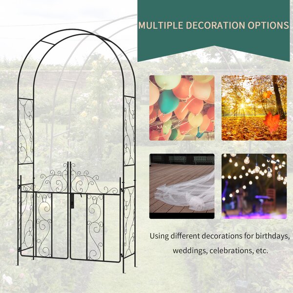 Outsunny Outdoor Garden Arch with Double Gates, Metal Garden Arbor for Climbing Plants, Wedding Arch for Outdoor, 125L x 38W x 227Hcm, Black