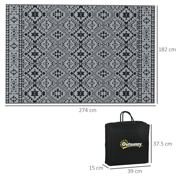 Outsunny Reversible RV Outdoor Rug, Plastic Straw, with Carry Bag, 182 x 274cm, Black and Grey Aosom UK