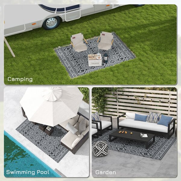 Outsunny Reversible RV Outdoor Rug, Plastic Straw, with Carry Bag, 182 x 274cm, Black and Grey Aosom UK