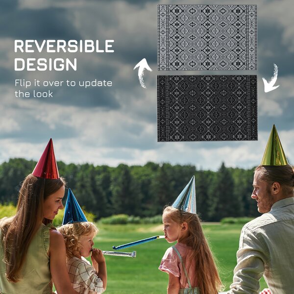 Outsunny Reversible RV Outdoor Rug, Plastic Straw, with Carry Bag, 182 x 274cm, Black and Grey Aosom UK