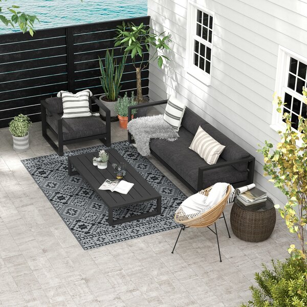 Outsunny Reversible RV Outdoor Rug, Plastic Straw, with Carry Bag, 182 x 274cm, Black and Grey Aosom UK