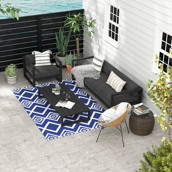 Outsunny Reversible Outdoor Rug, Plastic Straw, Portable with Carry Bag, 182 x 274cm, Blue and White Aosom UK