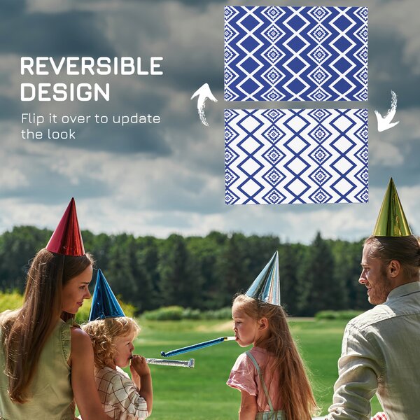 Outsunny Reversible Outdoor Rug, Plastic Straw, Portable with Carry Bag, 182 x 274cm, Blue and White Aosom UK