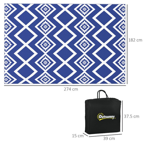 Outsunny Reversible Outdoor Rug, Plastic Straw, Portable with Carry Bag, 182 x 274cm, Blue and White Aosom UK