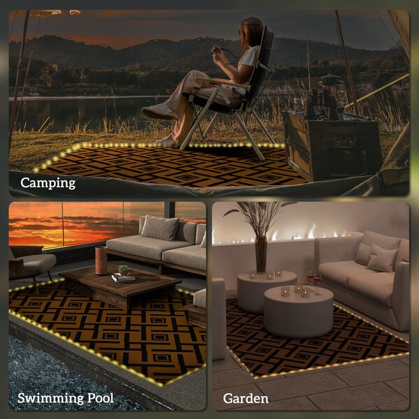Outsunny Reversible RV Outdoor Rug with LED String Light, Plastic Straw, 182 x 274cm, Brown and Black Aosom UK