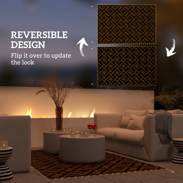 Outsunny Reversible RV Outdoor Rug with LED String Light, Plastic Straw, 182 x 274cm, Brown and Black Aosom UK