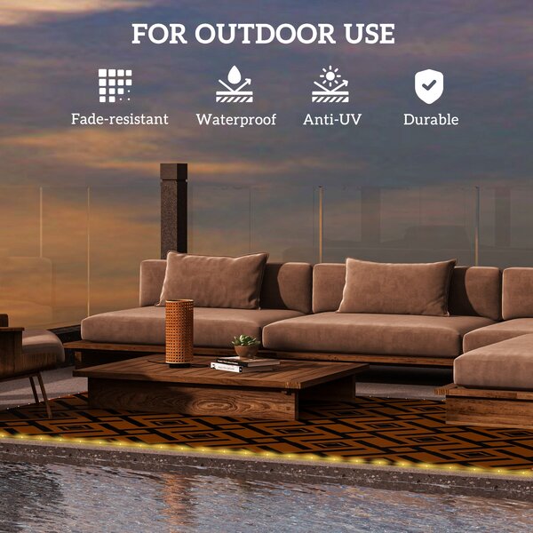 Outsunny Reversible RV Outdoor Rug with LED String Light, Plastic Straw, 182 x 274cm, Brown and Black Aosom UK