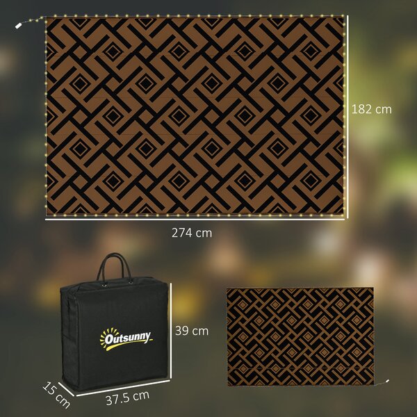 Outsunny Reversible RV Outdoor Rug with LED String Light, Plastic Straw, 182 x 274cm, Brown and Black Aosom UK