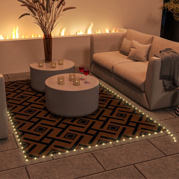 Outsunny Reversible RV Outdoor Rug with LED String Light, Plastic Straw, 182 x 274cm, Brown and Black Aosom UK