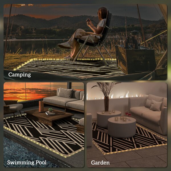 Outsunny Reversible Outdoor Rug with LED Lights, Plastic Straw, 182 x 274cm, Black and Coffee Aosom UK