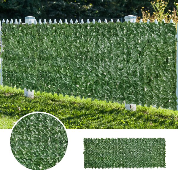 Outsunny 2-Piece Artificial Leaf Hedge Screen Privacy Fence Panel for Garden Outdoor Indoor Decor, Dark Green, 3M x 1M Aosom UK