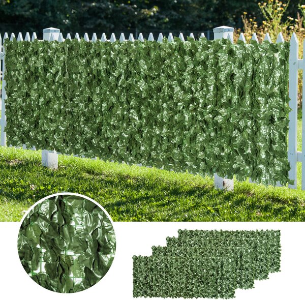 Outsunny 4-Piece Artificial Leaf Hedge Screen Privacy Fence Panel for Garden Outdoor Indoor Decor, Dark Green, 2.4M x 1M Aosom UK