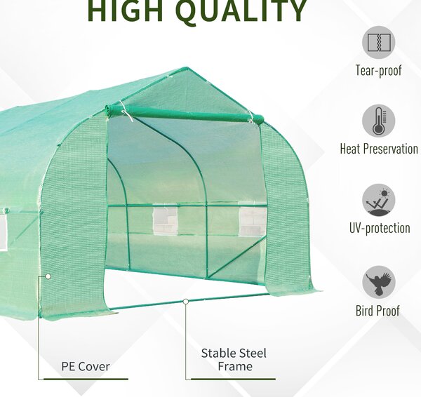 Outsunny 6 x 3 m Large Walk-In Greenhouse Garden Polytunnel Greenhouse w/ Metal Frame, Zippered Door and Roll Up Windows, Green