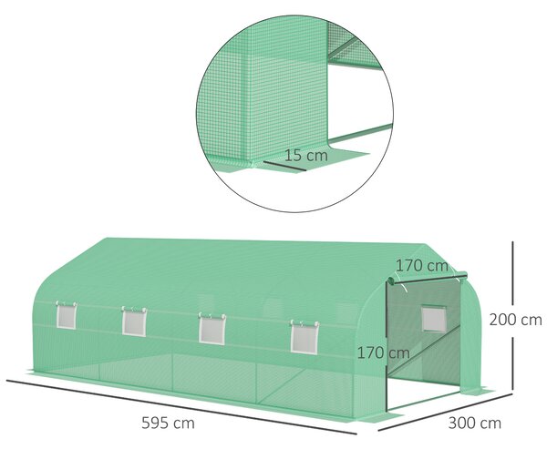 Outsunny 6 x 3 m Large Walk-In Greenhouse Garden Polytunnel Greenhouse w/ Metal Frame, Zippered Door and Roll Up Windows, Green