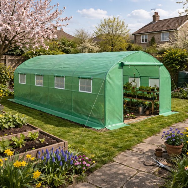 Outsunny 6 x 3 m Large Walk-In Greenhouse Garden Polytunnel Greenhouse w/ Metal Frame, Zippered Door and Roll Up Windows, Green
