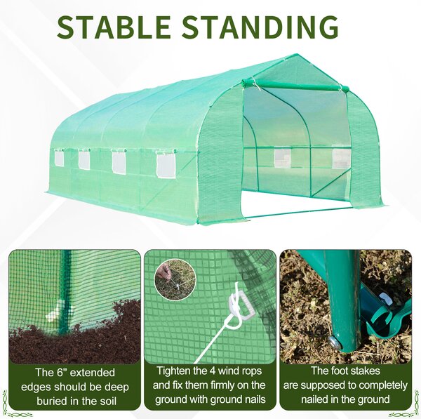Outsunny 6 x 3 m Large Walk-In Greenhouse Garden Polytunnel Greenhouse w/ Metal Frame, Zippered Door and Roll Up Windows, Green