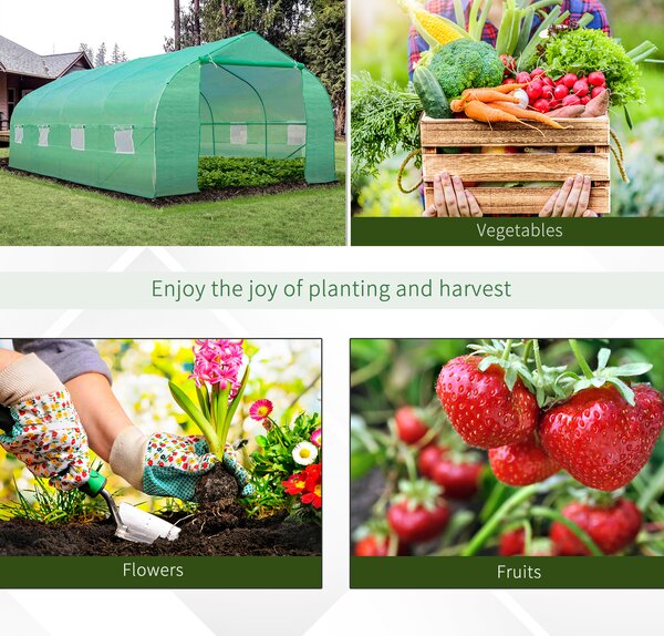 Outsunny 6 x 3 m Large Walk-In Greenhouse Garden Polytunnel Greenhouse w/ Metal Frame, Zippered Door and Roll Up Windows, Green