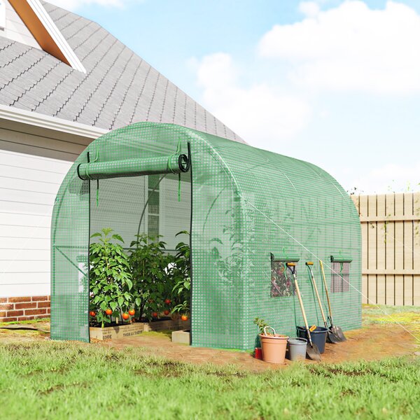 Outsunny 2.5 x 2m Walk-In Polytunnel Greenhouse, with Steel Frame, PE Cover, Roll-Up Door and 4 Windows, Green