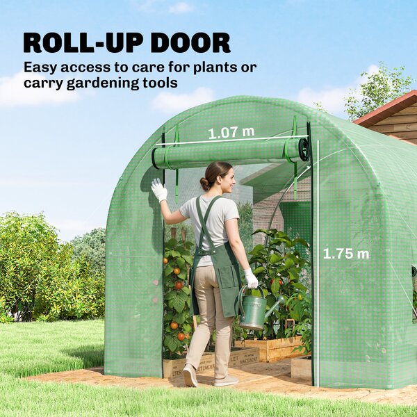 Outsunny 2.5 x 2m Walk-In Polytunnel Greenhouse, with Steel Frame, PE Cover, Roll-Up Door and 4 Windows, Green