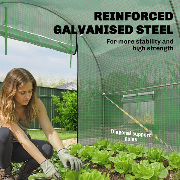 Outsunny 2.5 x 2m Walk-In Polytunnel Greenhouse, with Steel Frame, PE Cover, Roll-Up Door and 4 Windows, Green