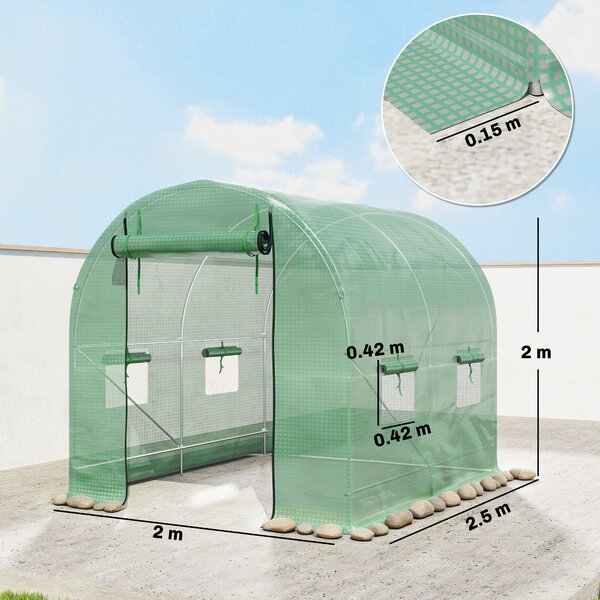 Outsunny 2.5 x 2m Walk-In Polytunnel Greenhouse, with Steel Frame, PE Cover, Roll-Up Door and 4 Windows, Green