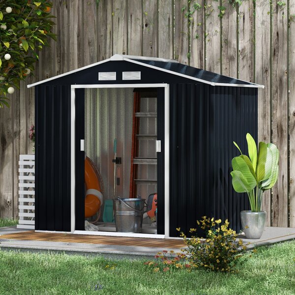 Outsunny Weatherproof Shed, Large Patio Roofed Tool Metal Storage Shed with Foundation, Garden tool shed, 7ft x 4ft, Dark Grey Aosom UK