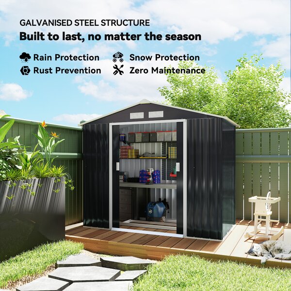 Outsunny Weatherproof Shed, Large Patio Roofed Tool Metal Storage Shed with Foundation, Garden tool shed, 7ft x 4ft, Dark Grey Aosom UK