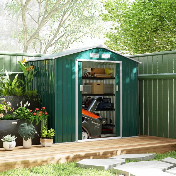Outsunny 7ft x 4ft Lockable Garden Shed Large Patio Roofed Tool Metal Storage Building Foundation Sheds Box Outdoor Furniture, Green Aosom UK