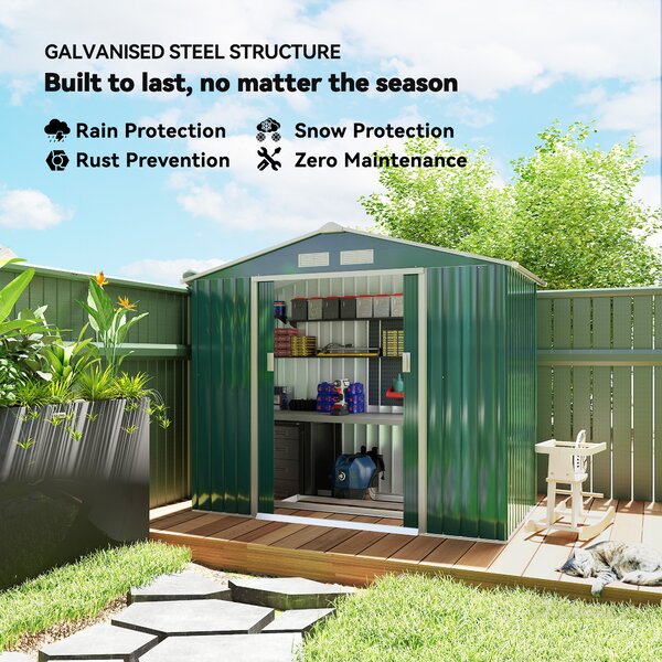 Outsunny 7ft x 4ft Lockable Garden Shed Large Patio Roofed Tool Metal Storage Building Foundation Sheds Box Outdoor Furniture, Green Aosom UK