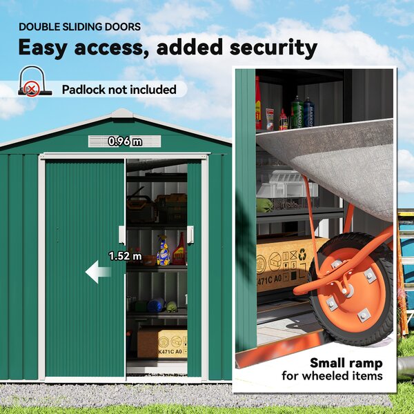 Outsunny 7ft x 4ft Lockable Garden Shed Large Patio Roofed Tool Metal Storage Building Foundation Sheds Box Outdoor Furniture, Green Aosom UK