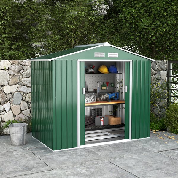 Outsunny 7ft x 4ft Lockable Garden Shed Large Patio Roofed Tool Metal Storage Building Foundation Sheds Box Outdoor Furniture, Green Aosom UK
