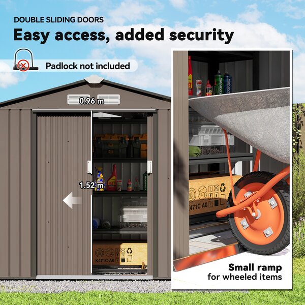 Outsunny 7ft x 4ft Lockable Garden Metal Storage Shed Large Patio Roofed Tool Storage Building Foundation Sheds Box, Brown Aosom UK