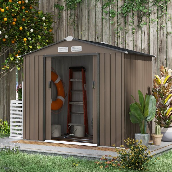 Outsunny 7ft x 4ft Lockable Garden Metal Storage Shed Large Patio Roofed Tool Storage Building Foundation Sheds Box, Brown Aosom UK
