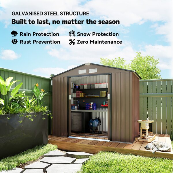 Outsunny 7ft x 4ft Lockable Garden Metal Storage Shed Large Patio Roofed Tool Storage Building Foundation Sheds Box, Brown Aosom UK