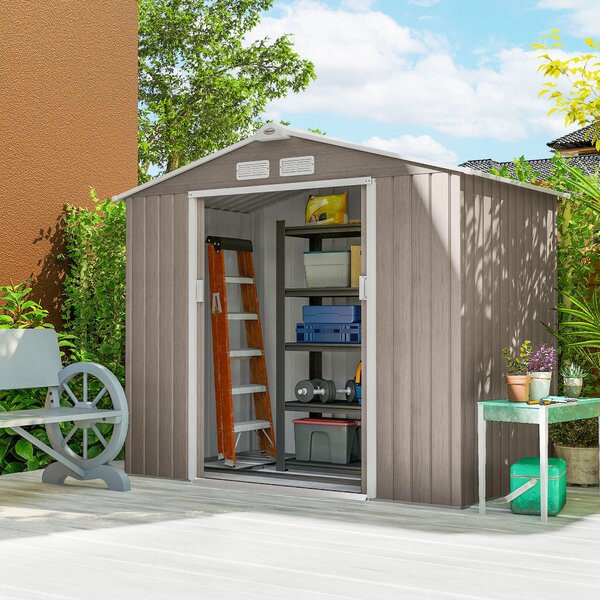 Outsunny 7 x 4ft Metal Garden Sheds with Lockable Double Doors, Metal Bike Shed with Vents & Floor Foundation, Brown Aosom UK