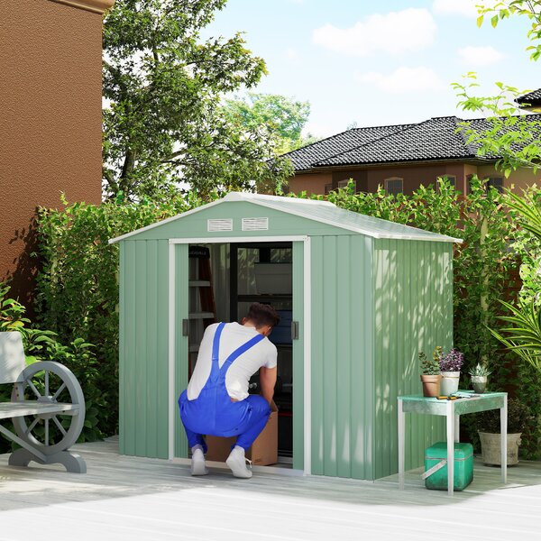 Outsunny 7ft x 4ft Lockable Garden Metal Storage Shed Large Patio Roofed Tool Storage Building Foundation Sheds Box, Light Green Aosom UK