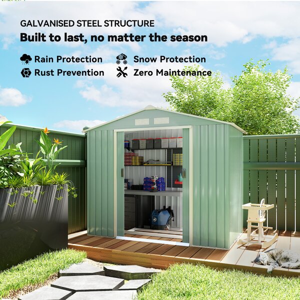 Outsunny 7ft x 4ft Lockable Garden Metal Storage Shed Large Patio Roofed Tool Storage Building Foundation Sheds Box, Light Green Aosom UK